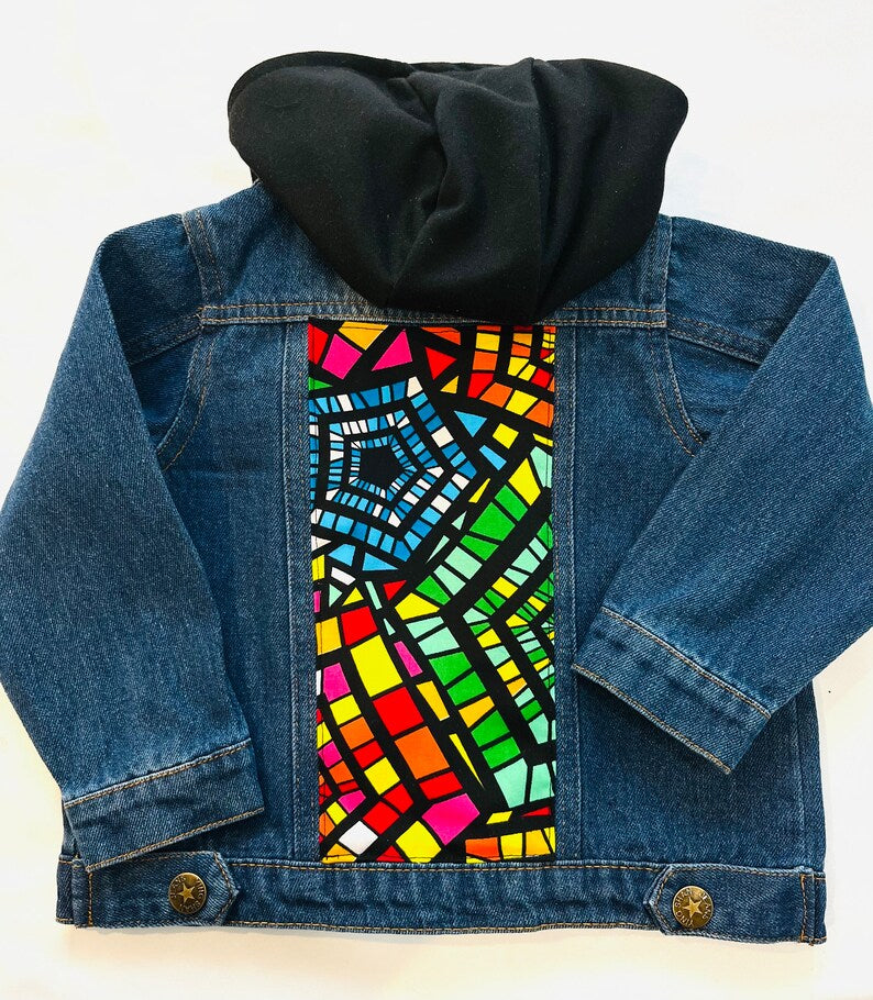 Hooded denim jacket with Ankara fabric