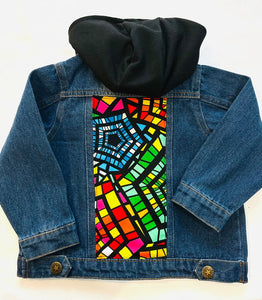 Hooded denim jacket with Ankara fabric