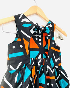 Teal, orange and black African print ankara dress for girls