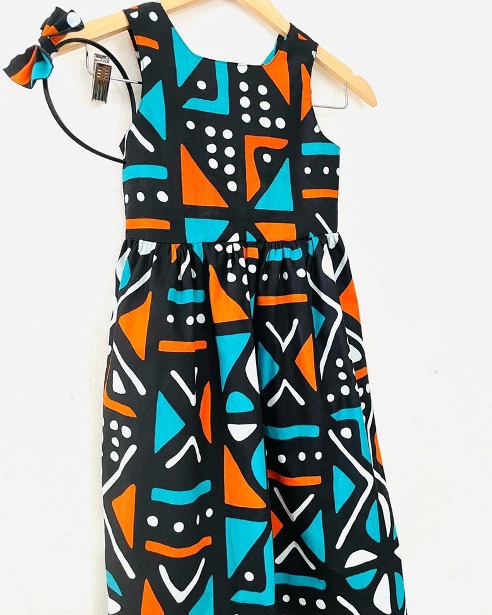 Teal, orange and black African print ankara dress for girls