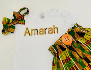 Kente baby skirt and personalized bodysuit, African print ankara skirt with name t-shirt