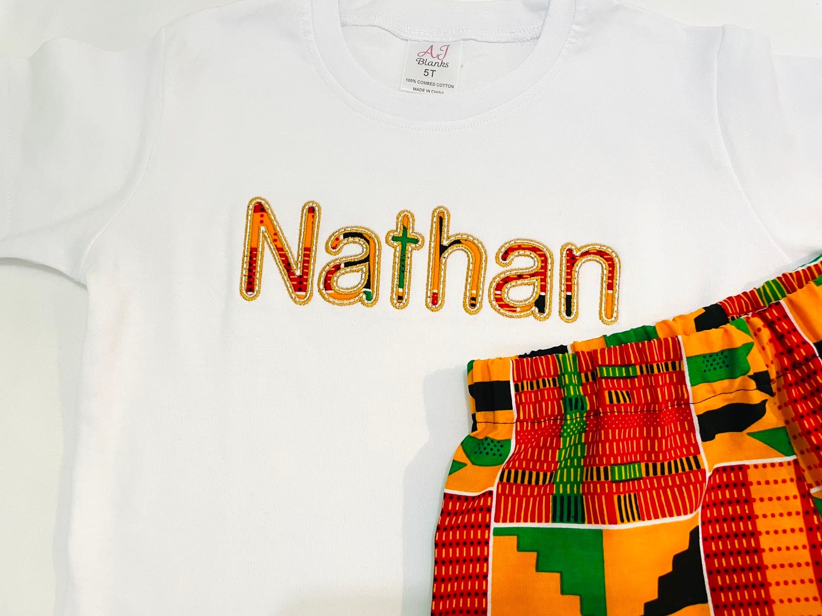 Personalized African print kente shorts outfit for boys