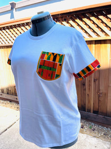 Adult unisex t-shirt with African print fabric on sleeves and pocket